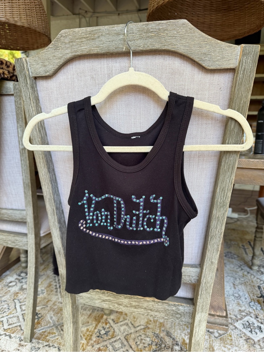 Vintage Von Dutch Black Rhinestone Logo Tank Top Y2K
